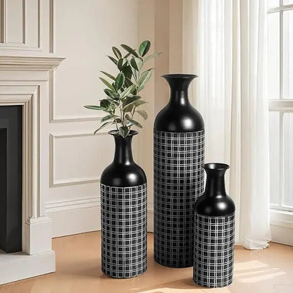 Tall Floor Vase Set of 3, Large Black Metal Vase with Minimalist White Lines & Detachable Vases Mouth, Big Modern Decorative Vas - Blu Lotus Boutique