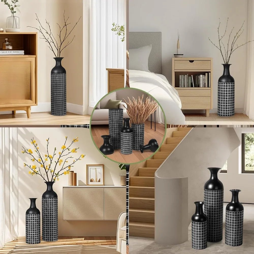 Tall Floor Vase Set of 3, Large Black Metal Vase with Minimalist White Lines & Detachable Vases Mouth, Big Modern Decorative Vas - Blu Lotus Boutique