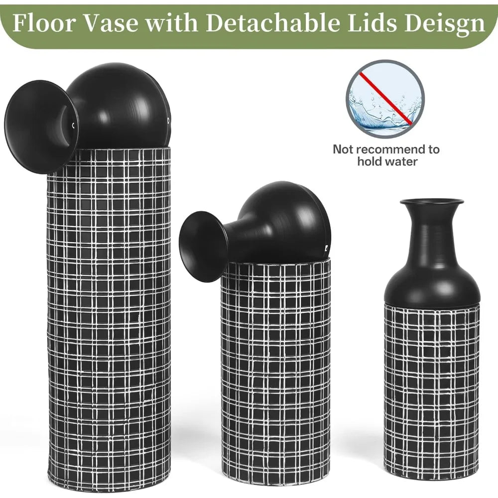 Tall Floor Vase Set of 3, Large Black Metal Vase with Minimalist White Lines & Detachable Vases Mouth, Big Modern Decorative Vas - Blu Lotus Boutique