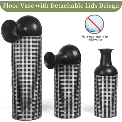 Tall Floor Vase Set of 3, Large Black Metal Vase with Minimalist White Lines & Detachable Vases Mouth, Big Modern Decorative Vas - Blu Lotus Boutique