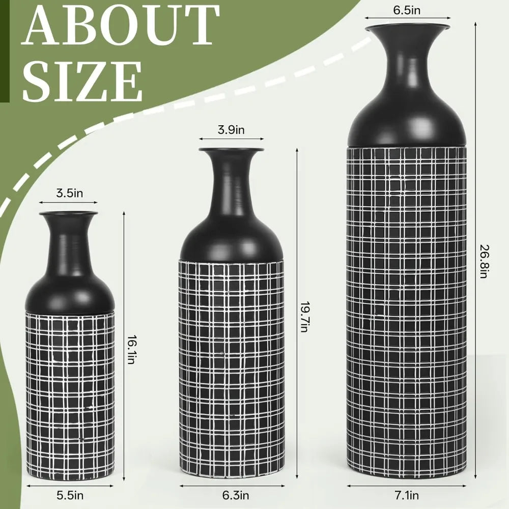 Tall Floor Vase Set of 3, Large Black Metal Vase with Minimalist White Lines & Detachable Vases Mouth, Big Modern Decorative Vas - Blu Lotus Boutique