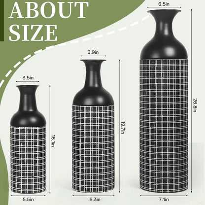 Tall Floor Vase Set of 3, Large Black Metal Vase with Minimalist White Lines & Detachable Vases Mouth, Big Modern Decorative Vas - Blu Lotus Boutique