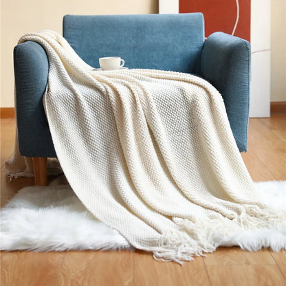 Textile City Home Decorative Thickened Knitted Blanket Corn Grain Waffle Embossed Winter Warm Tassels Throw Bedspread 130x240cm - Blu Lotus Boutique