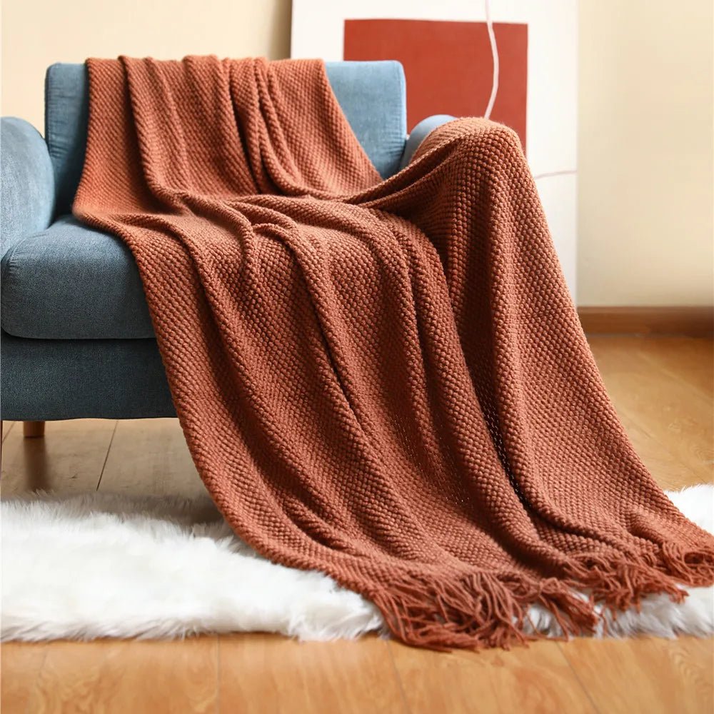 Textile City Home Decorative Thickened Knitted Blanket Corn Grain Waffle Embossed Winter Warm Tassels Throw Bedspread 130x240cm - Blu Lotus Boutique