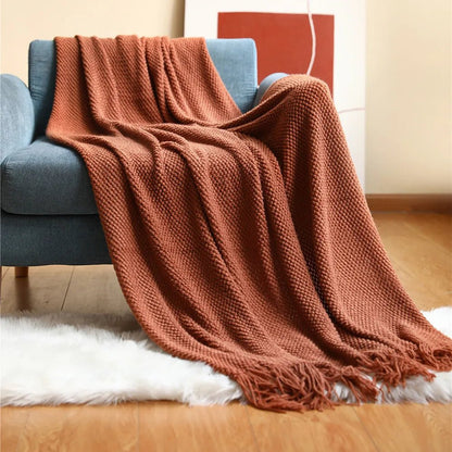 Textile City Home Decorative Thickened Knitted Blanket Corn Grain Waffle Embossed Winter Warm Tassels Throw Bedspread 130x240cm - Blu Lotus Boutique
