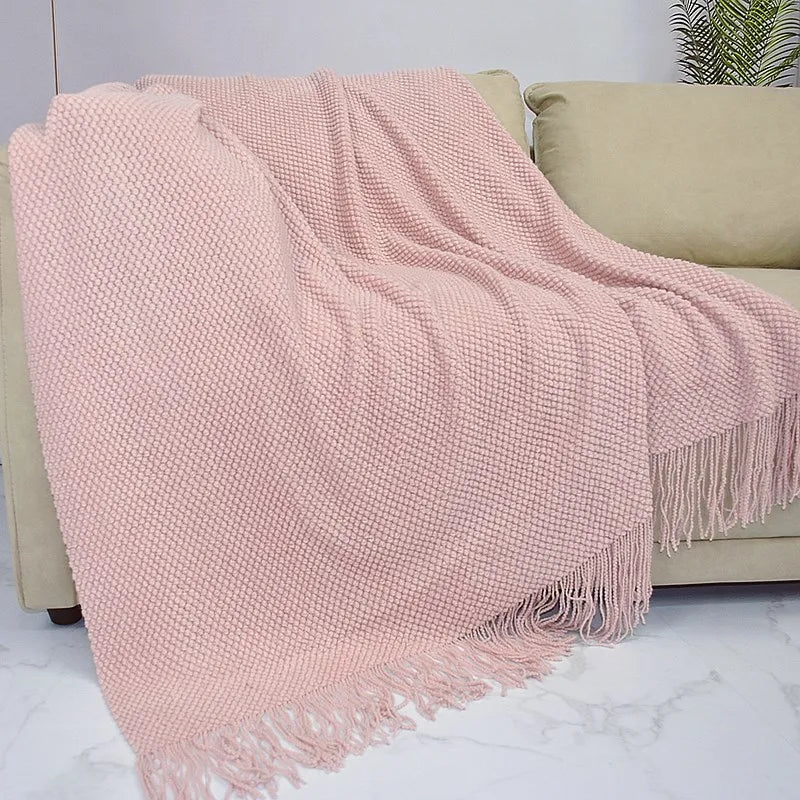 Textile City Home Decorative Thickened Knitted Blanket Corn Grain Waffle Embossed Winter Warm Tassels Throw Bedspread 130x240cm - Blu Lotus Boutique