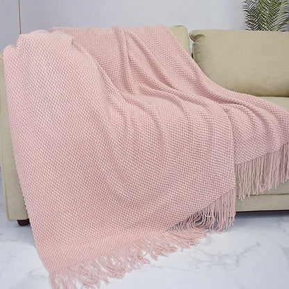 Textile City Home Decorative Thickened Knitted Blanket Corn Grain Waffle Embossed Winter Warm Tassels Throw Bedspread 130x240cm - Blu Lotus Boutique