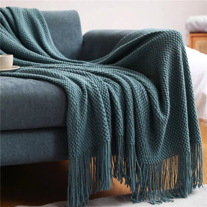 Textile City Home Decorative Thickened Knitted Blanket Corn Grain Waffle Embossed Winter Warm Tassels Throw Bedspread 130x240cm - Blu Lotus Boutique