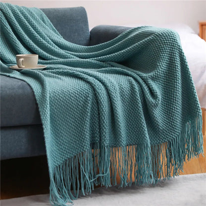 Textile City Home Decorative Thickened Knitted Blanket Corn Grain Waffle Embossed Winter Warm Tassels Throw Bedspread 130x240cm - Blu Lotus Boutique