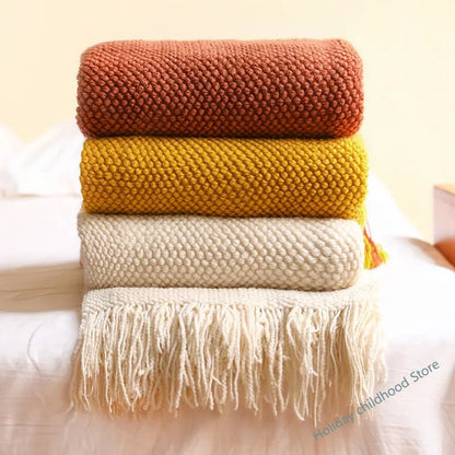 Textile City Home Decorative Thickened Knitted Blanket Corn Grain Waffle Embossed Winter Warm Tassels Throw Bedspread 130x240cm - Blu Lotus Boutique
