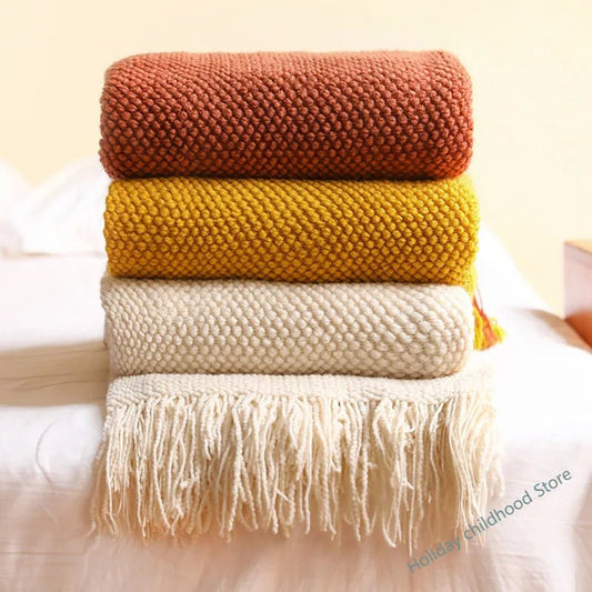 Textile City Home Decorative Thickened Knitted Blanket Corn Grain Waffle Embossed Winter Warm Tassels Throw Bedspread 130x240cm - Blu Lotus Boutique