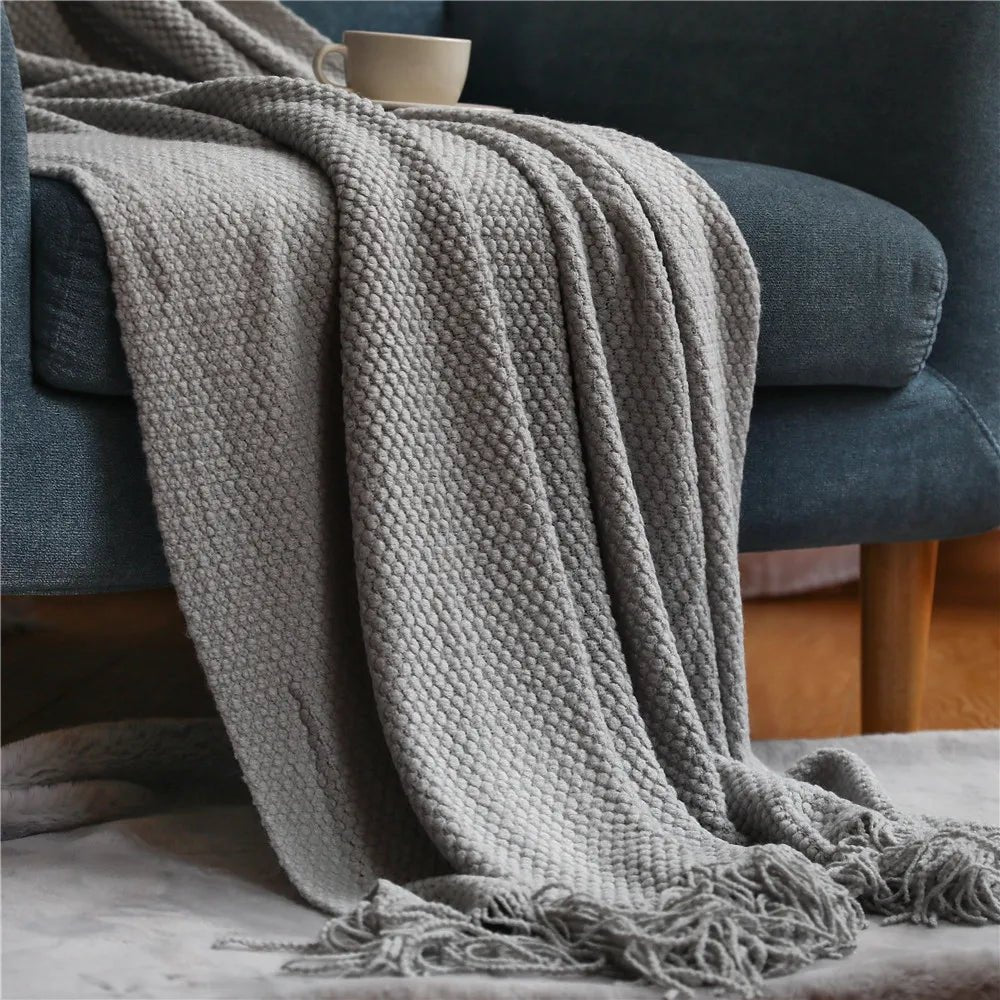 Textile City Home Decorative Thickened Knitted Blanket Corn Grain Waffle Embossed Winter Warm Tassels Throw Bedspread 130x240cm - Blu Lotus Boutique