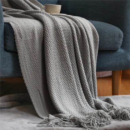 Textile City Home Decorative Thickened Knitted Blanket Corn Grain Waffle Embossed Winter Warm Tassels Throw Bedspread 130x240cm - Blu Lotus Boutique