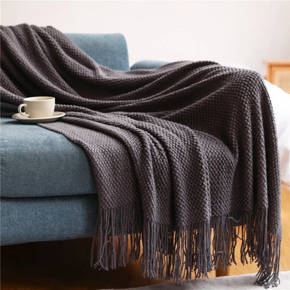 Textile City Home Decorative Thickened Knitted Blanket Corn Grain Waffle Embossed Winter Warm Tassels Throw Bedspread 130x240cm - Blu Lotus Boutique