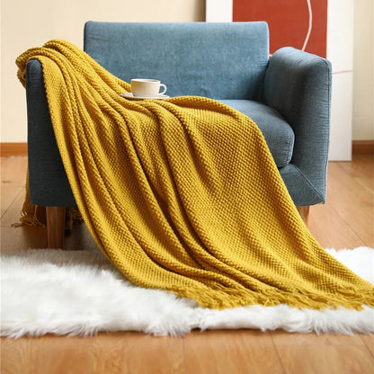 Textile City Home Decorative Thickened Knitted Blanket Corn Grain Waffle Embossed Winter Warm Tassels Throw Bedspread 130x240cm - Blu Lotus Boutique