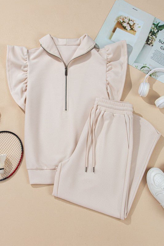 Textured Ruffle Half Zip Top and Pants Set - Blu Lotus Boutique