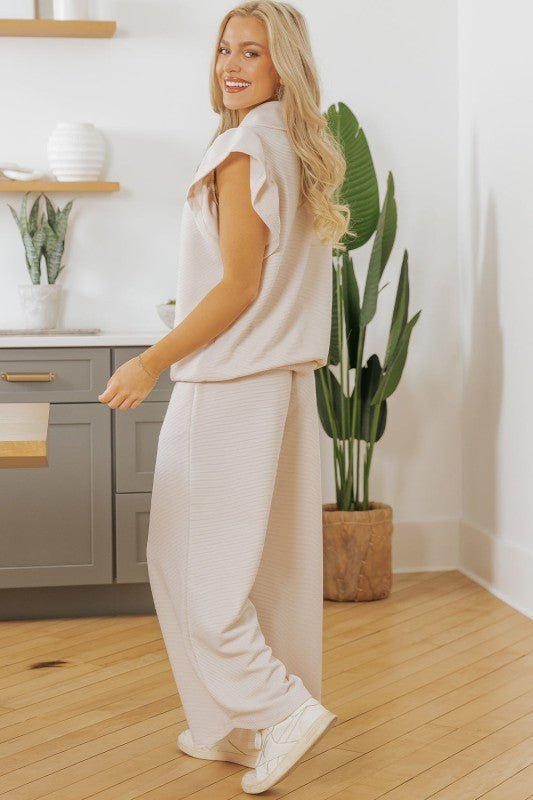 Textured Ruffle Half Zip Top and Pants Set - Blu Lotus Boutique