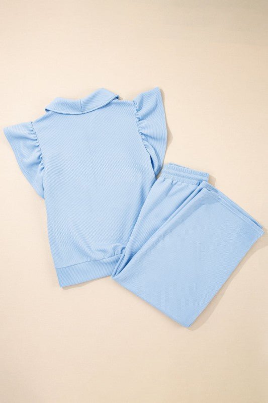 Textured Ruffle Half Zip Top and Pants Set - Blu Lotus Boutique