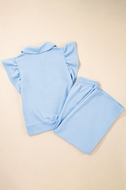 Textured Ruffle Half Zip Top and Pants Set - Blu Lotus Boutique