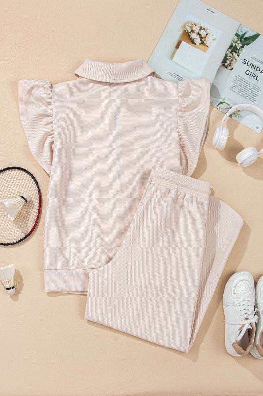 Textured Ruffle Half Zip Top and Pants Set - Blu Lotus Boutique