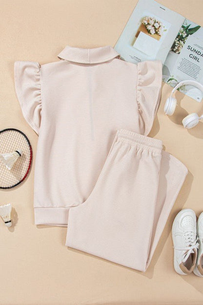 Textured Ruffle Half Zip Top and Pants Set - Blu Lotus Boutique