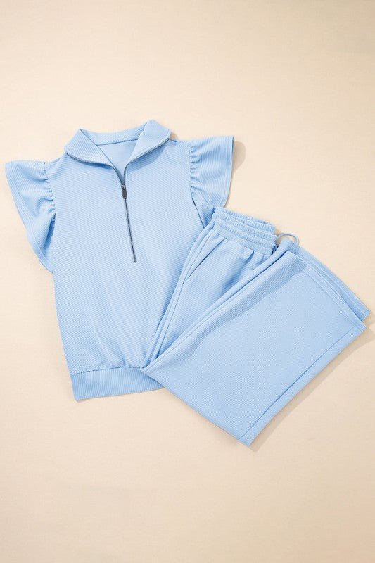 Textured Ruffle Half Zip Top and Pants Set - Blu Lotus Boutique
