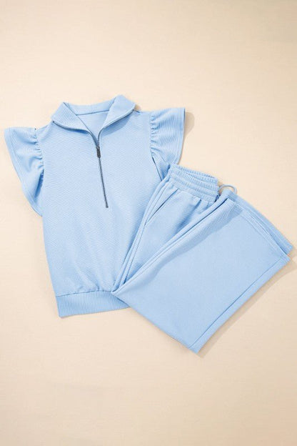 Textured Ruffle Half Zip Top and Pants Set - Blu Lotus Boutique