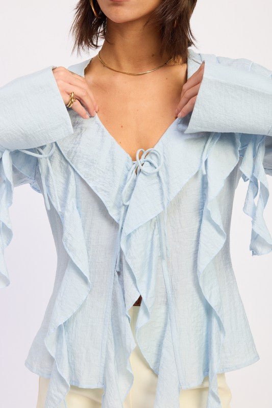 TIE FRONT RUFFLED TOP - Blu Lotus Boutique