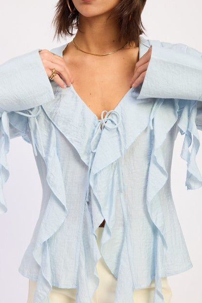 TIE FRONT RUFFLED TOP - Blu Lotus Boutique