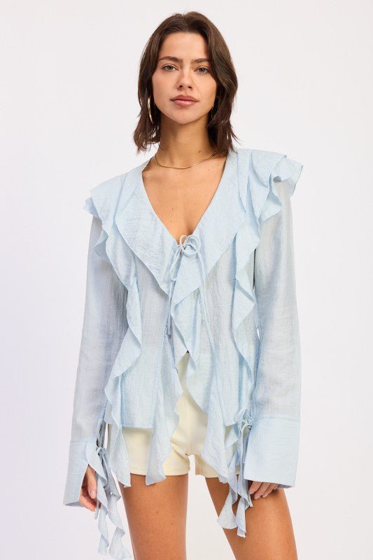 TIE FRONT RUFFLED TOP - Blu Lotus Boutique