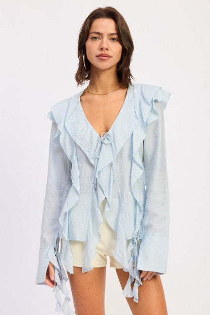 TIE FRONT RUFFLED TOP - Blu Lotus Boutique