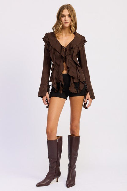 TIE FRONT RUFFLED TOP - Blu Lotus Boutique