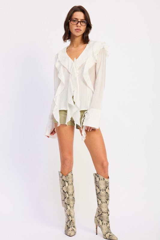 TIE FRONT RUFFLED TOP - Blu Lotus Boutique