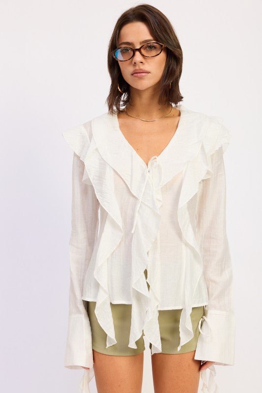 TIE FRONT RUFFLED TOP - Blu Lotus Boutique