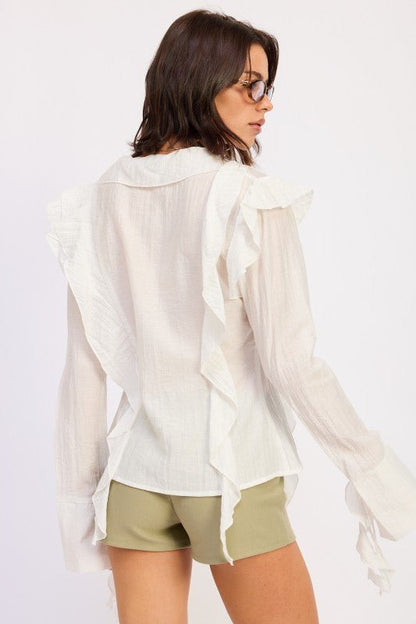 TIE FRONT RUFFLED TOP - Blu Lotus Boutique