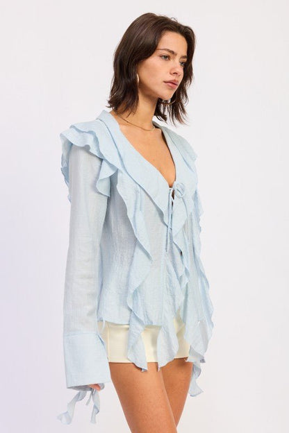 TIE FRONT RUFFLED TOP - Blu Lotus Boutique