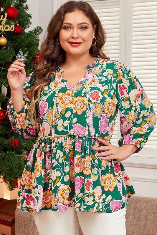 Tied V Neck Long Sleeve Plus Size Babydoll Top - Blu Lotus Boutique
