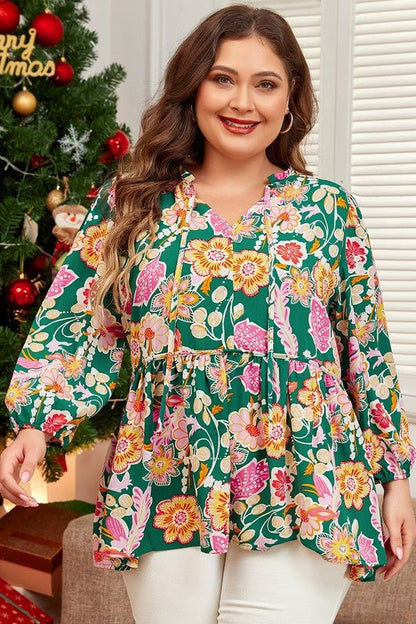 Tied V Neck Long Sleeve Plus Size Babydoll Top - Blu Lotus Boutique