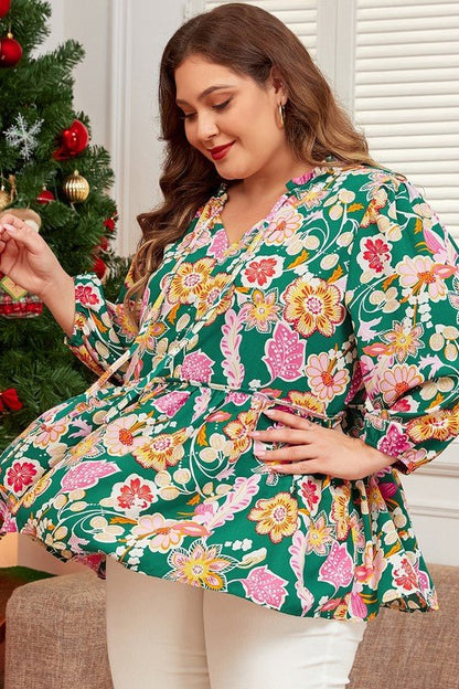 Tied V Neck Long Sleeve Plus Size Babydoll Top - Blu Lotus Boutique