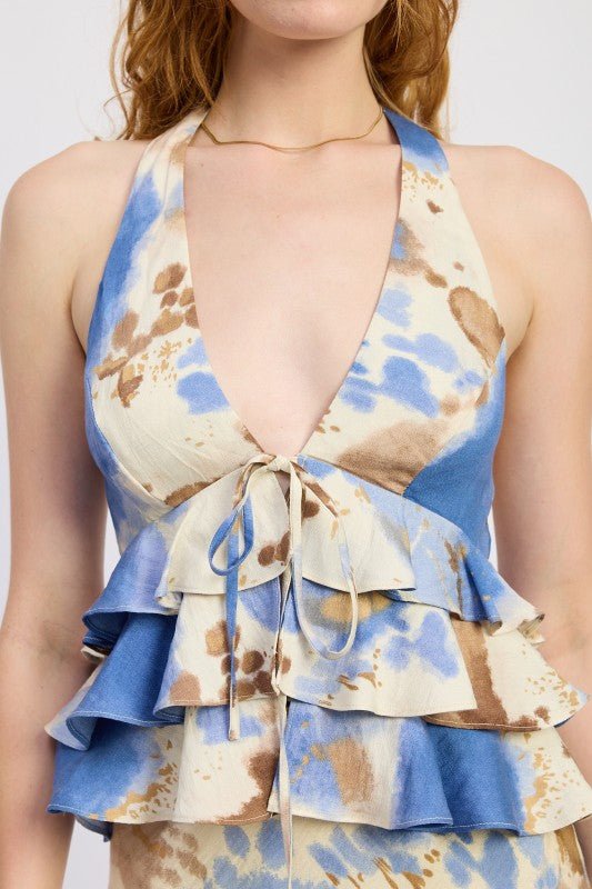 TIERED HALTER TOP WITH FRONT TIE - Blu Lotus Boutique