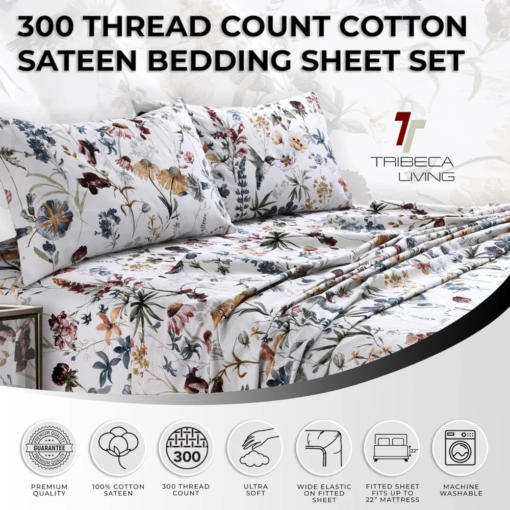 Tribeca Living Queen Bed Sheet Set, 300 Thread Count Soft Cotton Sateen, Floral Print with Extra Deep Pockets, 4 - Piece Bedding S - Blu Lotus Boutique