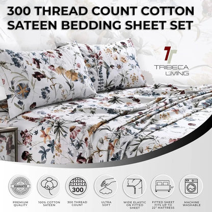Tribeca Living Queen Bed Sheet Set, 300 Thread Count Soft Cotton Sateen, Floral Print with Extra Deep Pockets, 4 - Piece Bedding S - Blu Lotus Boutique