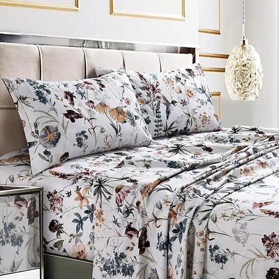 Tribeca Living Queen Bed Sheet Set, 300 Thread Count Soft Cotton Sateen, Floral Print with Extra Deep Pockets, 4 - Piece Bedding S - Blu Lotus Boutique