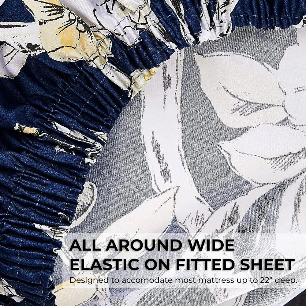 Tribeca Living Queen Bed Sheet Set, 300 Thread Count Soft Cotton Sateen, Floral Print with Extra Deep Pockets, 4 - Piece Bedding S - Blu Lotus Boutique