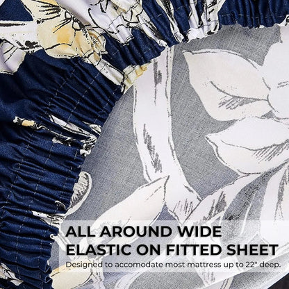 Tribeca Living Queen Bed Sheet Set, 300 Thread Count Soft Cotton Sateen, Floral Print with Extra Deep Pockets, 4 - Piece Bedding S - Blu Lotus Boutique