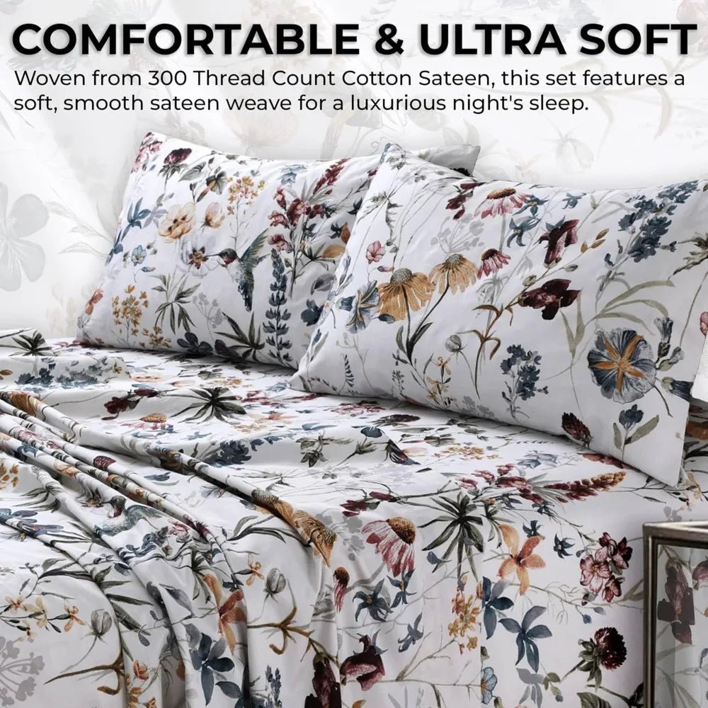Tribeca Living Queen Bed Sheet Set, 300 Thread Count Soft Cotton Sateen, Floral Print with Extra Deep Pockets, 4 - Piece Bedding S - Blu Lotus Boutique