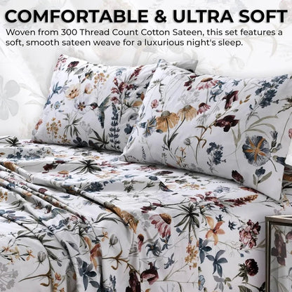 Tribeca Living Queen Bed Sheet Set, 300 Thread Count Soft Cotton Sateen, Floral Print with Extra Deep Pockets, 4 - Piece Bedding S - Blu Lotus Boutique