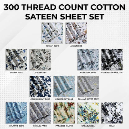 Tribeca Living Queen Bed Sheet Set, 300 Thread Count Soft Cotton Sateen, Floral Print with Extra Deep Pockets, 4 - Piece Bedding S - Blu Lotus Boutique