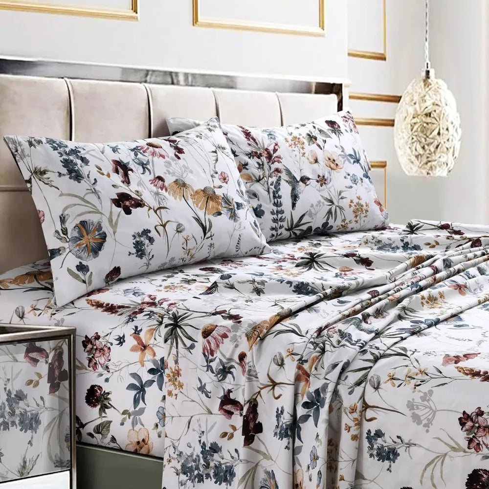 Tribeca Living Queen Bed Sheet Set, 300 Thread Count Soft Cotton Sateen, Floral Print with Extra Deep Pockets, 4 - Piece Bedding S - Blu Lotus Boutique