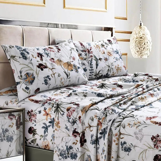 Tribeca Living Queen Bed Sheet Set, 300 Thread Count Soft Cotton Sateen, Floral Print with Extra Deep Pockets, 4 - Piece Bedding S - Blu Lotus Boutique